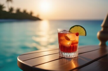 A red cocktail with a slice of lime, berries and ice stands on a bar table on the beach. Hot sunny day, in the background there is a palm tree. Against the backdrop of the sea and sky.