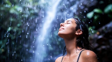 Serene Young Woman Enjoying a Refreshing Waterfall Shower in a Lush Tropical Forest
