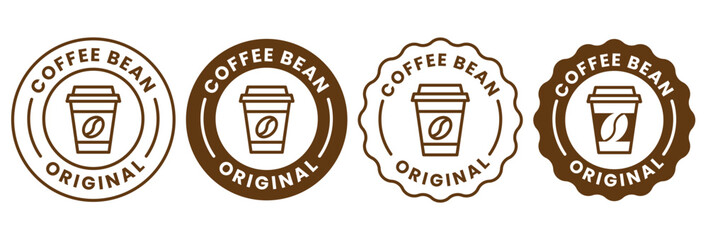 Coffee shop logo. retro badge coffee bean and leaf branch with mountain natural icon line stamp logo vector design in vintage hipster modern style, premium coffee shop bar brand symbol icon