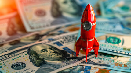 Profit and income growth concept in the form of a high-speed rocket and dollar bills
