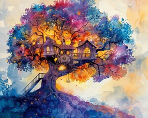 A watercolor painting of a whimsical treehouse, with vibrant colors and imaginative elements in the background
