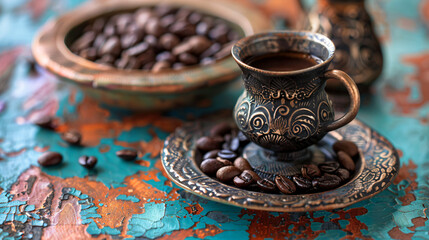Jezve with delicious turkish coffee and plate of beans