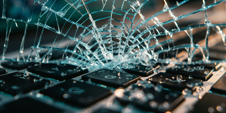 close up of a computer keyboard, a shattered computer screen, with cracks radiating from the impact point, depicting the aftermath of a dropped or mishandled laptop, with fragments of glass scattered 