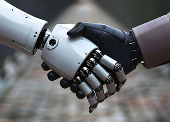 Business handshake between robot and human partners or friends