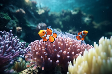 Colorful marine life with fish in an aquarium, among anemones, and swimming on a vibrant reef