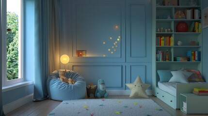 Tranquil children's room showcasing sky blue hues, playful furniture, and a cozy reading nook, complemented by safety features and creative lighting