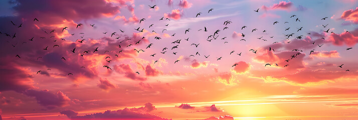 Birds flying in the sky at sunset, A flock of birds flying in the sky with the sun setting behind them.

