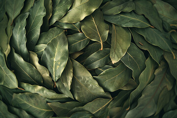 A macro shot capturing the intricate texture of dried bay leaves arranged in a circular formation. - Powered by Adobe