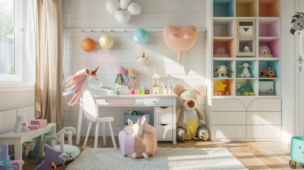Warm and cheerful child's room with a girl's personal accessories, including dolls and a unicorn, centered around a white desk and animal-themed storage