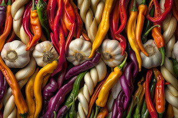 A mesmerizing close-up of colorful chili peppers intertwined with garlic bulbs, creating a striking contrast of textures. - Powered by Adobe