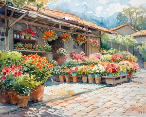 A watercolor painting of a rustic flower market, with vibrant colors and charming natural elements in the background