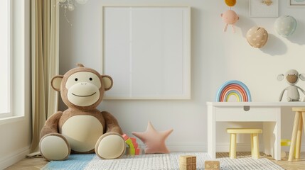 Warm and cozy boy's room interior, featuring a mock-up poster frame, white desk, and plush monkey toys, with a rainbow ornament and wooden blocks