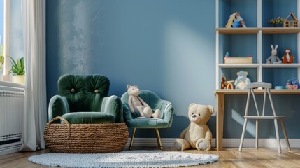 Warm and cozy child's room setting, showing a round shelf, plush toys, and a braided basket, complemented by a green armchair and gray desk, blue wall backdrop