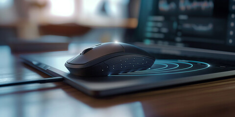 A dynamic composition showcasing a wireless mouse connected to a laptop, with the cursor on the screen mirroring the movement of the mouse, conveying seamless digital interaction