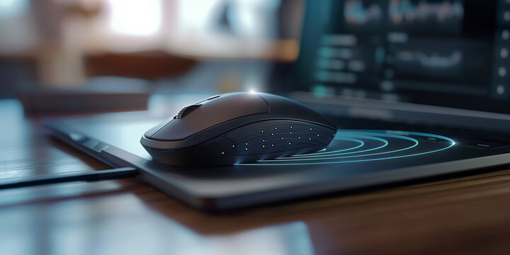 A dynamic composition showcasing a wireless mouse connected to a laptop, with the cursor on the screen mirroring the movement of the mouse, conveying seamless digital interaction