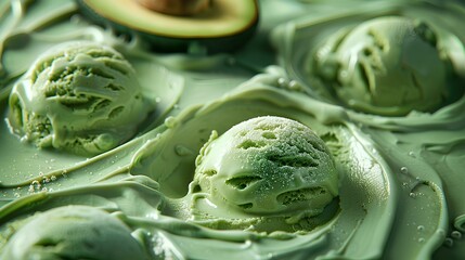 Artistic display of avocado ice cream scoops decorated with fresh mint leaves, showcasing a unique, creamy dessert experience.
