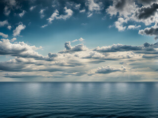 Fototapeta premium The sea and sky are one color, with white clouds in the blue sky, creating a beautiful ocean