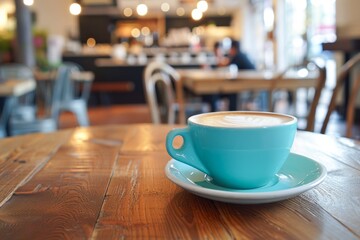 Close-Up View of a Cappuccino With Latte Art in a Blue Cup on a Wooden Table