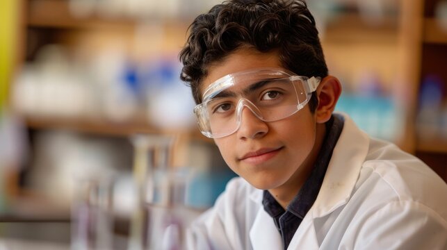 The close up picture of the young hispanic scientist student looking at the camera while wearing the lab coat and safety goggles in the laboratory and testing on the experiment inside the lab. AIG43.