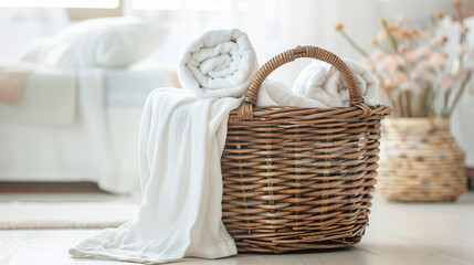 Laundry basket with folded clean towels on floor