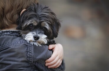 A small, affectionate black and white dog rests securely in the arms of its owner. 