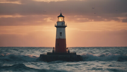 lighthouse in the middle of the sea, sunset colors and little wavy sea
