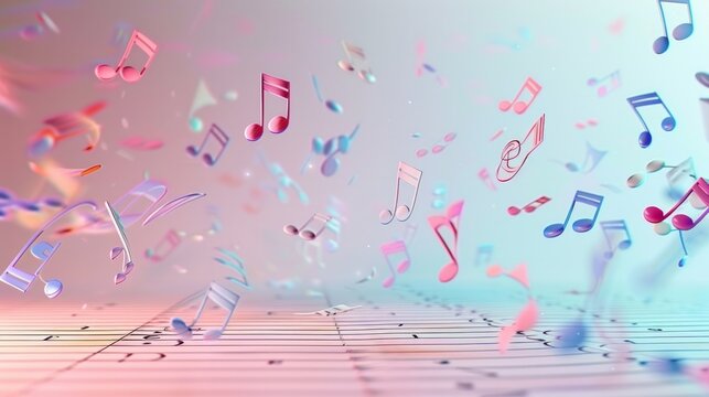 Floating musical notes in a surreal 3D rendering, ideal for creative and musical themes, ending with AI Generative.