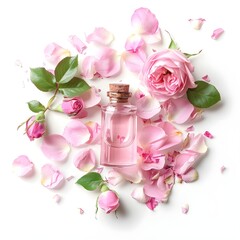 pink rose and perfume on white background, rose water bottle with roses stock and green leaves isolated on white background.