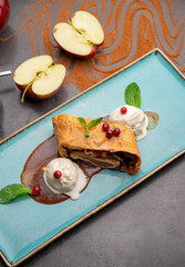 strudel with apple, ice cream and coffee