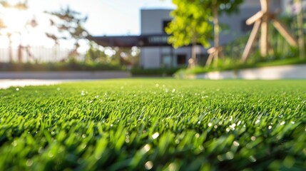 Vibrant artificial grass bathed in sunlight, showcasing a sustainable outdoor solution with AI Generative.