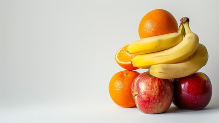 Stack of fresh apples, oranges, and bananas on a stark white background, highlighting the natural colors and textures of the fruits