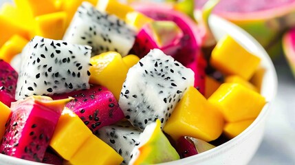 Closeup shot of a bowl filled with exotic fruits like dragon fruit and mango, set against a white background to enhance the vivid colors