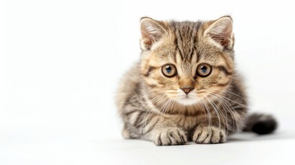 Scottish Fold kitten's charming gaze captures the heart, against a pristine white, perfect for warmth and joy, with AI Generative