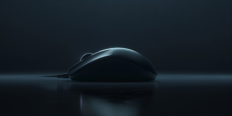 A minimalist composition highlighting a single, illuminated computer mouse against a dark backdrop, with subtle reflections and shadows adding depth and dimension to the image
