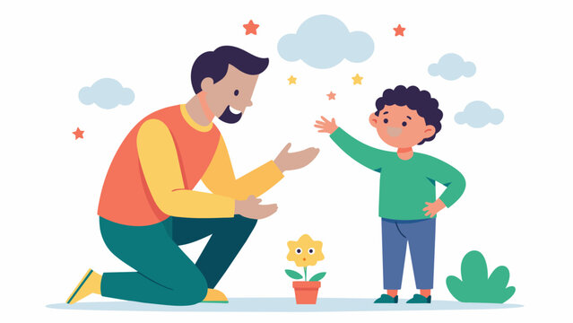 A parent using positive reinforcement and praise to encourage their neurodivergent child to try a new activity.. Vector illustration