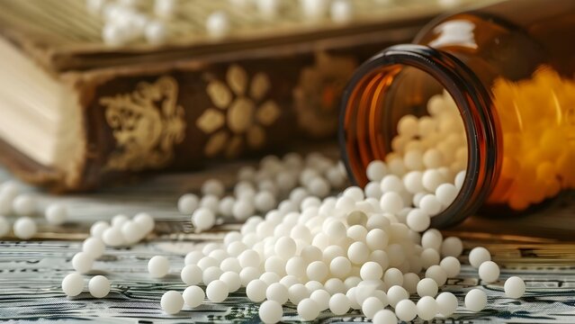 Homeopathic pills spilled from bottle with repertory book in the background: A holistic approach to healing. Concept Homeopathy, Natural Healing, Homeopathic Medicine, Holistic Health