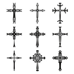 Christian cross vector icon symbols.  Abstract christian religious belief or faith art illustration for orthodox or catholic design. The symbol of the cross in various designs used in tattoo.