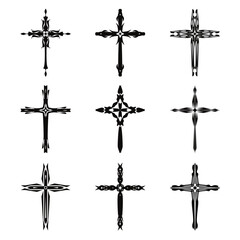 Christian cross vector icon symbols.  Abstract christian religious belief or faith art illustration for orthodox or catholic design. The symbol of the cross in various designs used in tattoo.