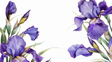 Invitation card design with iris flowers only, white background.