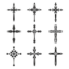 Fototapeta premium Christian cross vector icon symbols. Abstract christian religious belief or faith art illustration for orthodox or catholic design. The symbol of the cross in various designs used in tattoo.