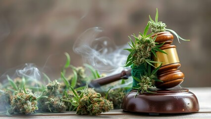 Colorful marijuana vine wrapping around a judges gavel with smoke effect . Concept Marijuana Legalization, Courtroom Drama, Smoke effects, Colorful props, Gavel symbolism,
