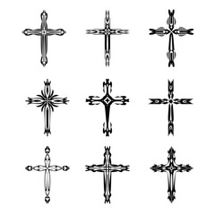 Christian cross vector icon symbols.  Abstract christian religious belief or faith art illustration for orthodox or catholic design. The symbol of the cross in various designs used in tattoo.