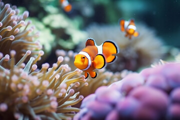 Colorful clownfish swimming among coral reefs and sea anemones in a vibrant underwater scene