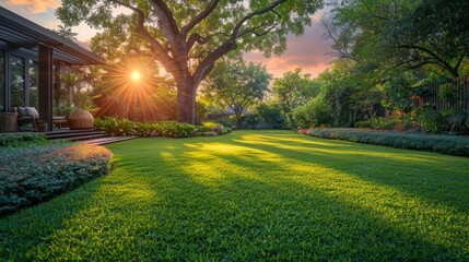 Lush suburban backyard with vibrant green lawn at sunset. AI Generative.