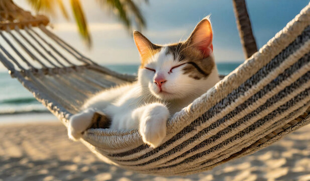 Cute little kitten, cat sleeping in hammock on the beach at sunset.
