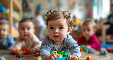 Group of toddlers engaged in playful exploration with colorful toys in a lively daycare setting