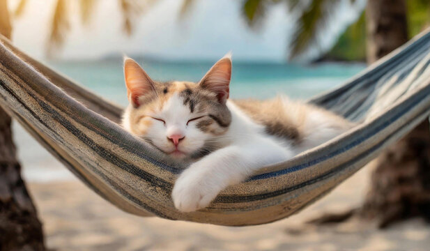 Cute little kitten, cat sleeping in hammock on the beach at sunset.