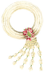 Thai garland colorful flower for Mother's day, Songkran festival or religion buddhism observation day. Phuang malai thai floral garland flowers. Watercolor illustration.