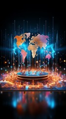 The image shows a glowing 3D world map on a futuristic stage, with a glowing grid in the background.