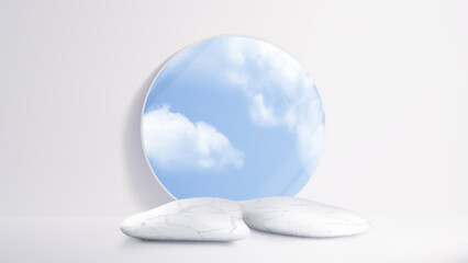 Stone product podium mockup with circle shape with clouds on blue sky. Natural goods display marble platform in white studio room. Realistic 3d vector illustration of minimal scene with stand template
